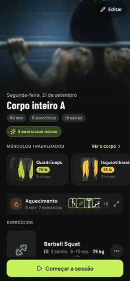 Detalhe de um treino: duração, exercícios e músculos