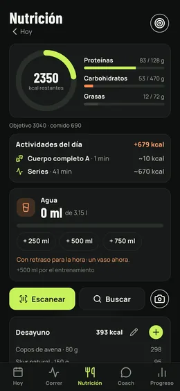 El día alimentario: calorías restantes, macros, comidas y actividades.