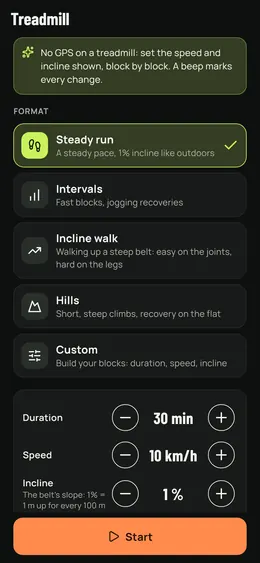 Choosing a treadmill session