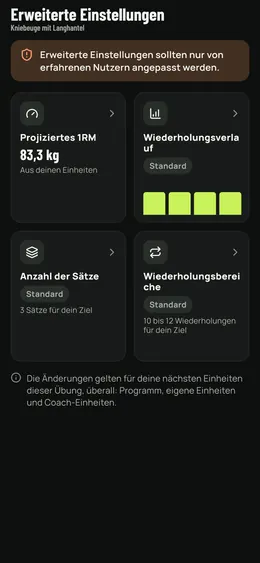 Die erweiterten Einstellungen einer Übung