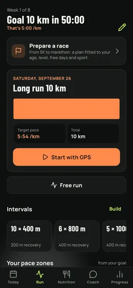 Running: the race being prepared, the day's run and its paces.