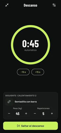 El cronómetro de descanso, con el ejercicio siguiente ya preparado.