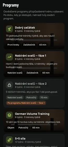 Seznam programů s délkou, úrovní a tréninky za týden