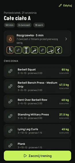 Szczegóły treningu: rozgrzewka, ćwiczenia, serie i ciężary.
