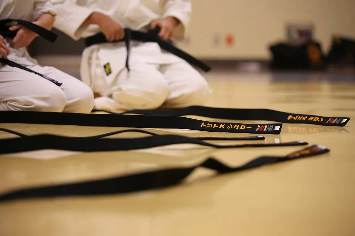 Ceintures noires de karaté posées sur le tatami