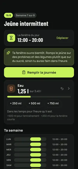 Le jeûne en cours : fenêtre et eau du jour