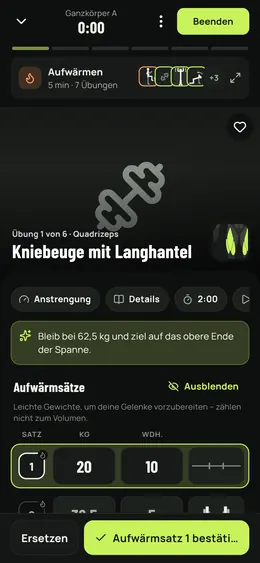 Ein laufender Satz mit den Aufwärmsätzen