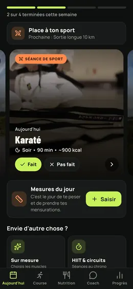 L'écran Aujourd'hui avec la séance de sport du jour