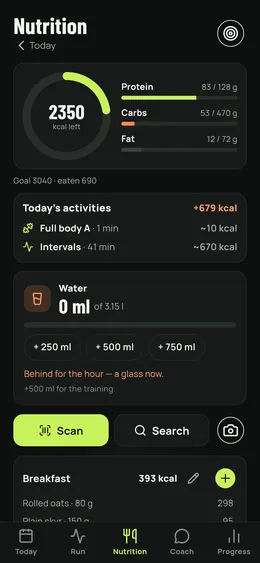 The food day: calories left, macros, meals and activities.