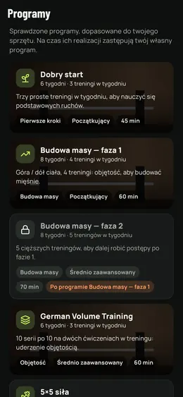 Lista programów z długością, poziomem i treningami w tygodniu