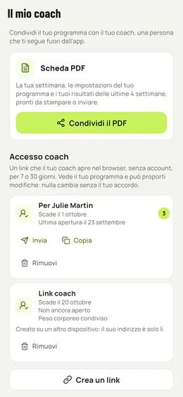 La condivisione con il coach: PDF e link