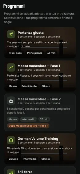 L'elenco dei programmi, con durata, livello e allenamenti a settimana