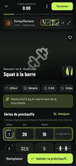 Une série en cours, avec les séries de préchauffe