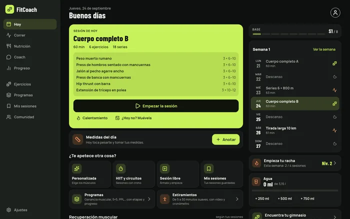 La pantalla del día en el ordenador: el día a la izquierda, la semana y la racha a la derecha.