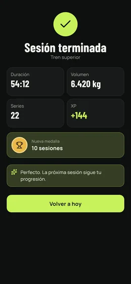 El final de la sesión: duración, tonelaje, series, experiencia ganada y medalla.