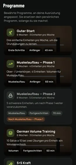 Die Programmliste mit Dauer, Niveau und Einheiten pro Woche